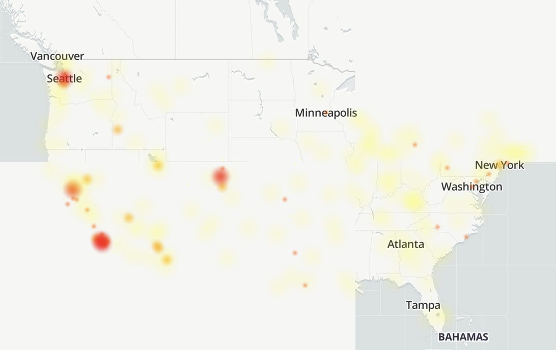 Mapa cieplna pokazująca awarie sieci bezprzewodowej Verizon.