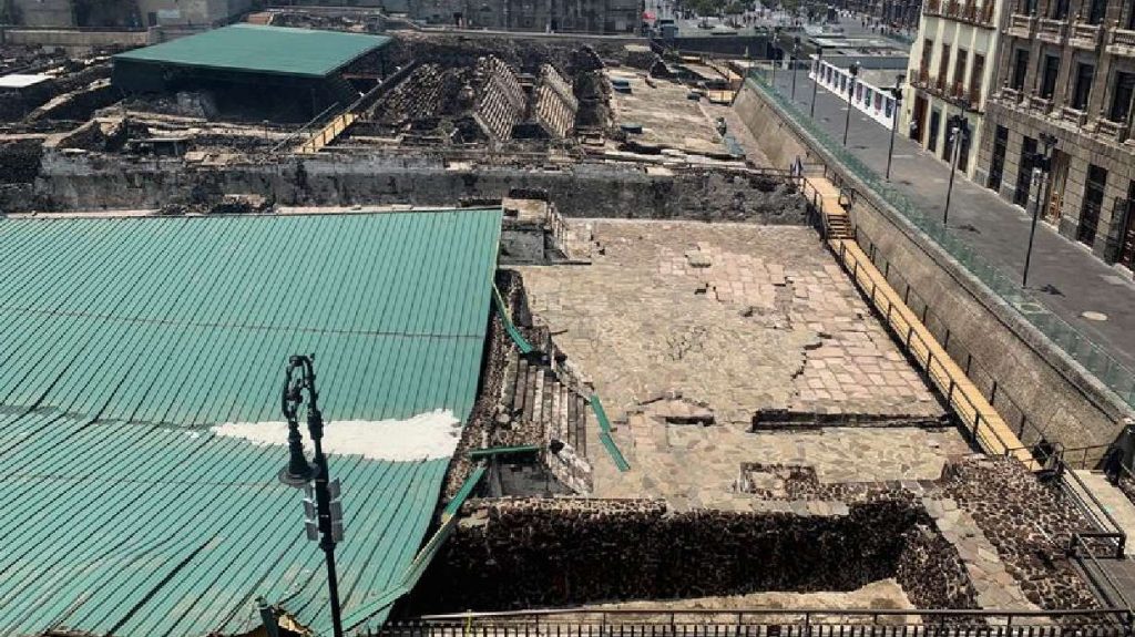 A view shows the collapsed roof that protected the "Casa de las Aguilas," part of the ruins of the Templo Mayor archaeological site, after heavy rain and hail, in downtown Mexico City, Mexico, April 29, 2021.