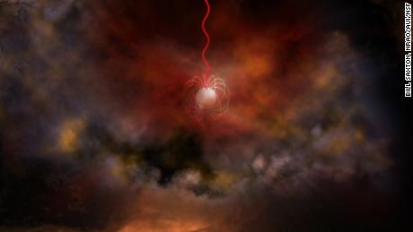 To artystyczna koncepcja gwiazdy neutronowej z ultrasilnym polem magnetycznym, zwanym magnetarem, która emituje fale radiowe (w kolorze czerwonym). 