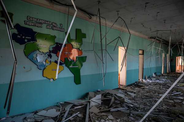 A damaged town council building in Soledar, in Ukraine’s eastern Donetsk region, which President Volodymr Zelensky visited on Sunday.