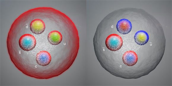 Po lewej: tetrakwarkowy Tacs0 (2900)++ podwójny ładunek.  Po prawej: Jej neutralny partner Tacs0 (2900) 0. Źródło zdjęcia: CERN.