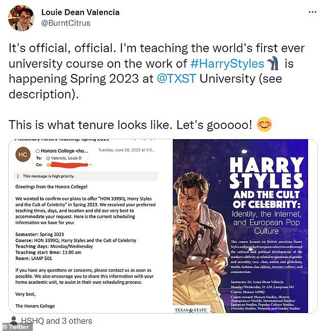 Wow: Dzieje się tak po tym, jak w zeszłym tygodniu ujawniono, że ikona Harry'ego stanie się tematem modułu uniwersyteckiego, po tym, jak Texas State University potwierdził, że uczniowie wprowadzą ten temat wiosną 2023 roku.