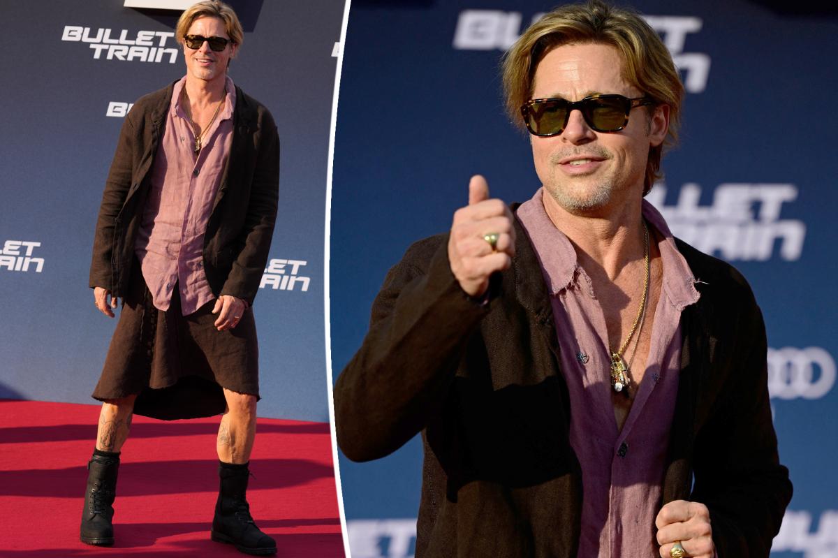 Brad Pitt ma na sobie spódnicę i pokazuje tatuaże na premierze Bullet Train